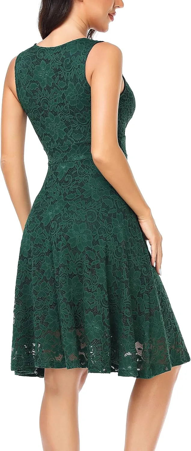 MISS MOLY Women's Floral Lace Overlay Fit and Flare Dress Sexy V-Neck Knee Length Elegant Party Wedding Dress