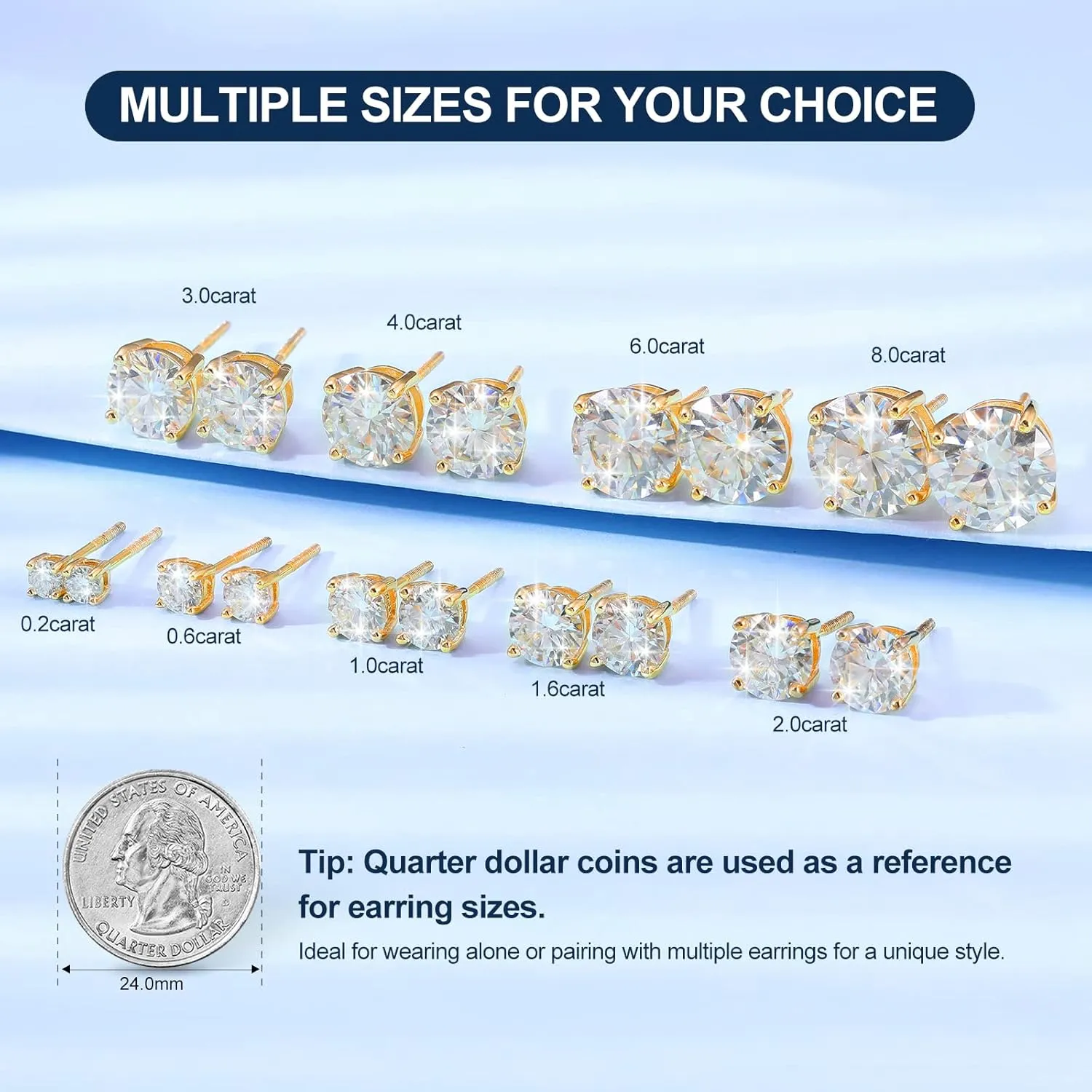 Moissanite Stud Earrings Screw Back 0.2-8 Carats (3-10mm) Moissanite Earrings for Women Men 18k Gold Plated 925 Sterling Silver Stud D Color VVS1 Round Stone Fathers Day Jewelry Gift