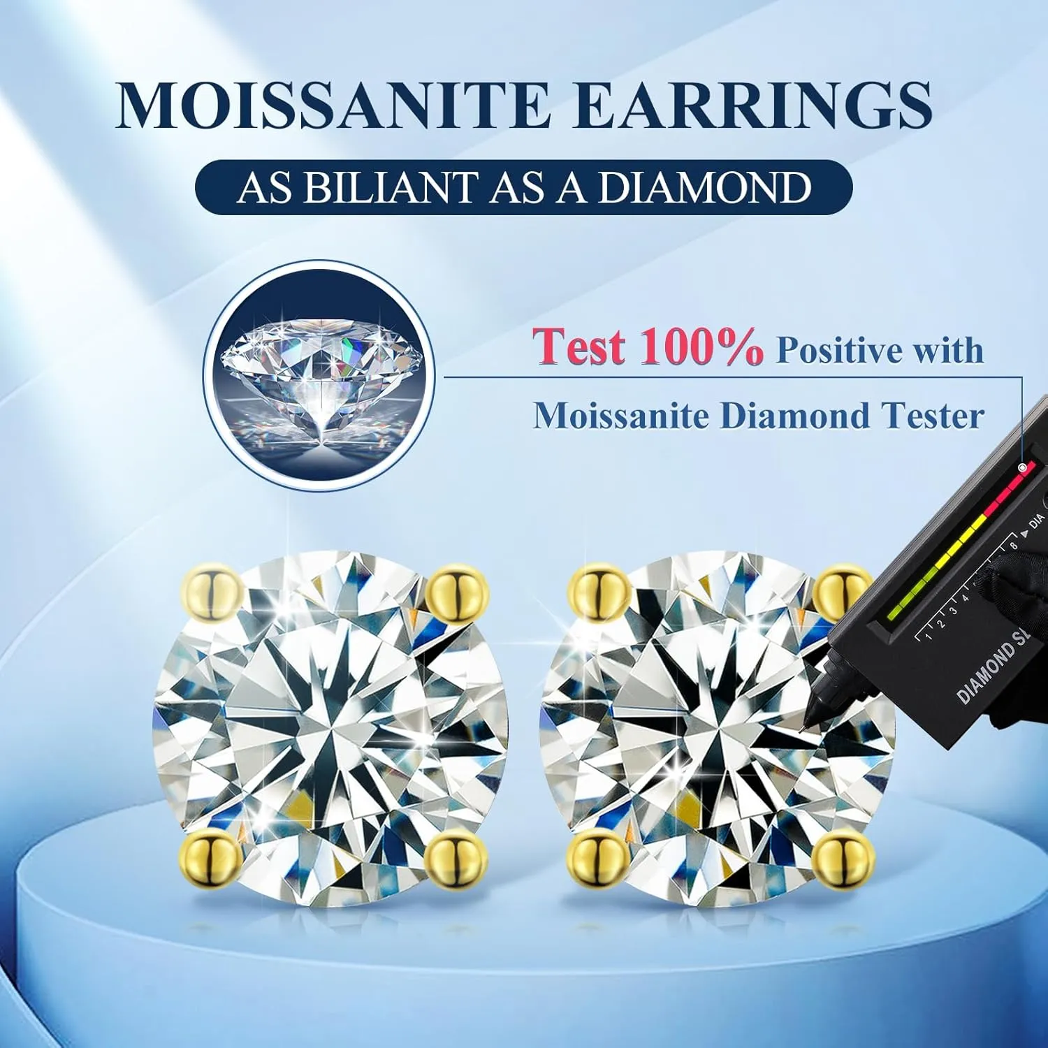 Moissanite Stud Earrings Screw Back 0.2-8 Carats (3-10mm) Moissanite Earrings for Women Men 18k Gold Plated 925 Sterling Silver Stud D Color VVS1 Round Stone Fathers Day Jewelry Gift