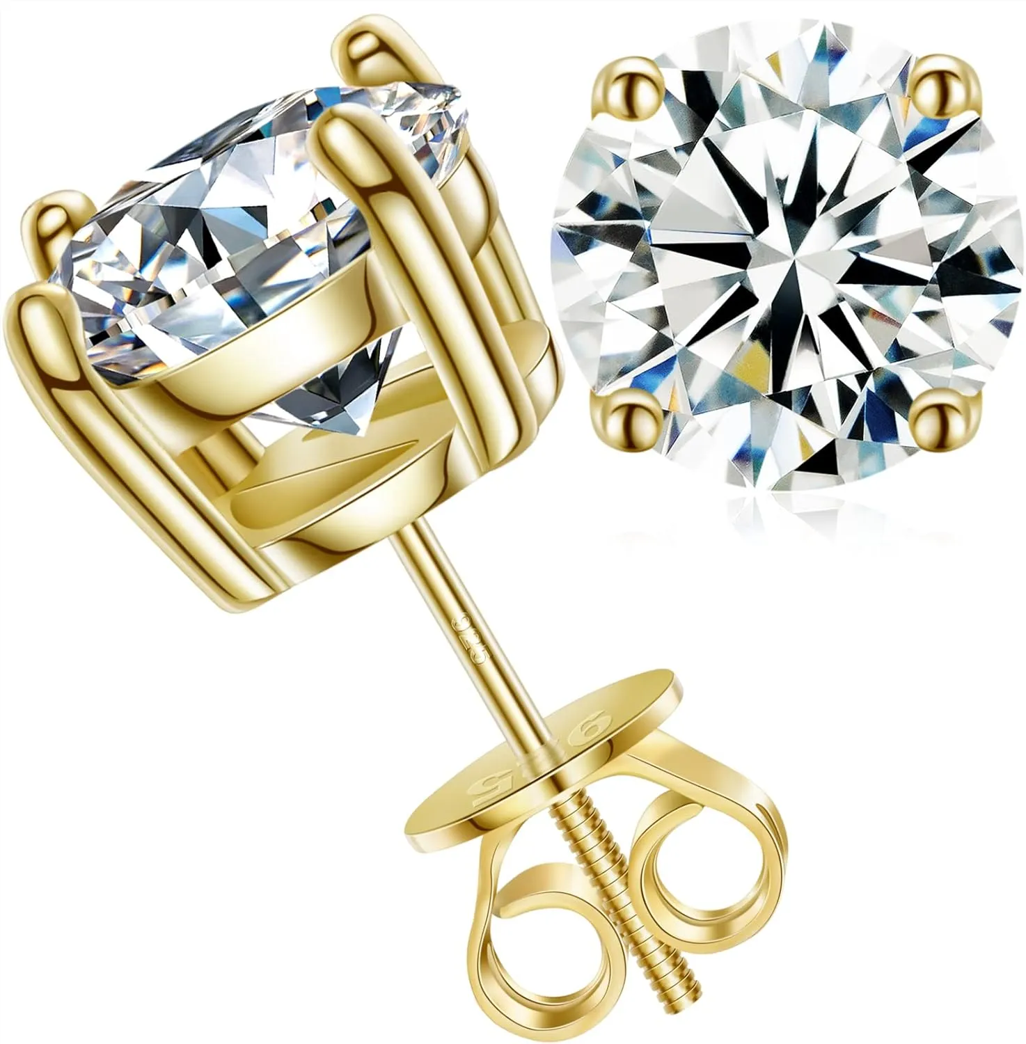 Moissanite Stud Earrings Screw Back 0.2-8 Carats (3-10mm) Moissanite Earrings for Women Men 18k Gold Plated 925 Sterling Silver Stud D Color VVS1 Round Stone Fathers Day Jewelry Gift
