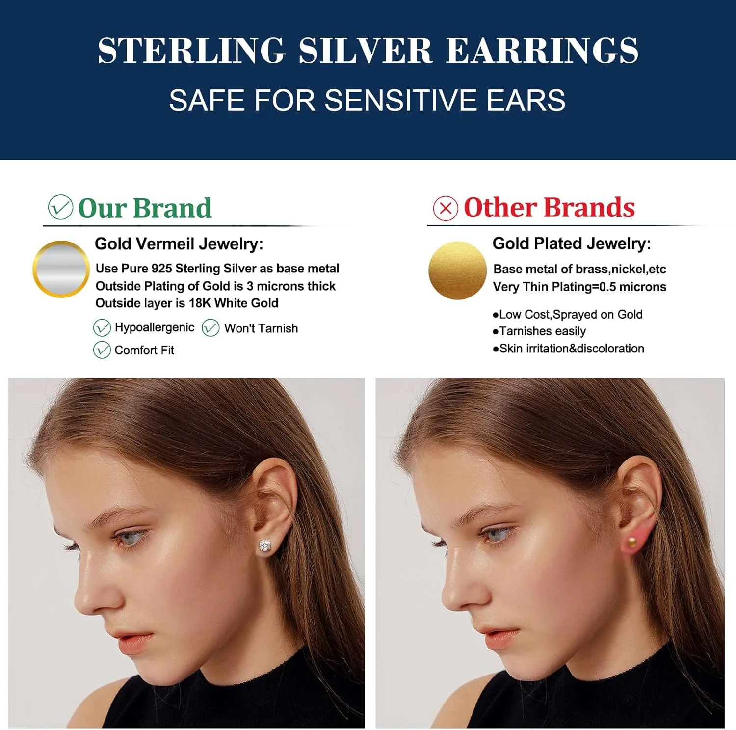 Moissanite Stud Earrings Screw Back 0.2-8 Carats (3-10mm) Moissanite Earrings for Women Men 18k Gold Plated 925 Sterling Silver Stud D Color VVS1 Round Stone Fathers Day Jewelry Gift