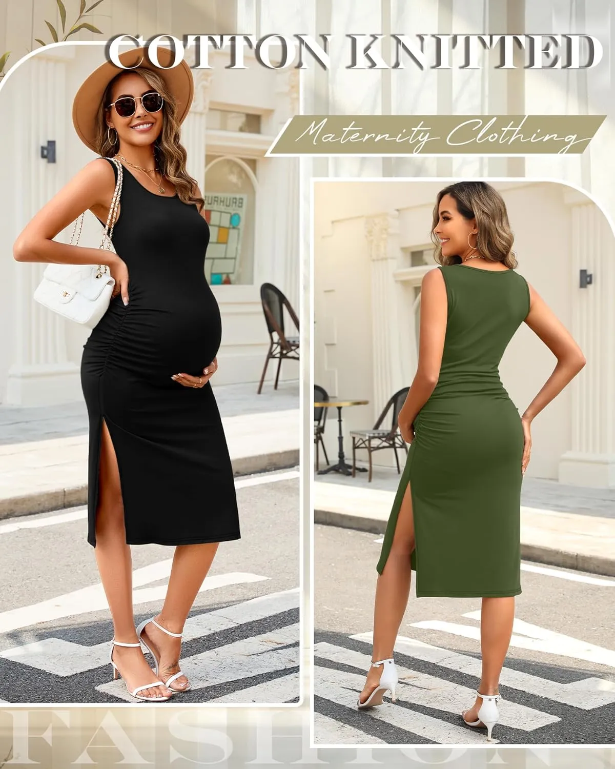 Neer 2 Pack Women's Maternity Dress Casual Sleeveless Tank Cotton Knit Pregnancy Clothes Split Long Tight Bodycon Midi Dress