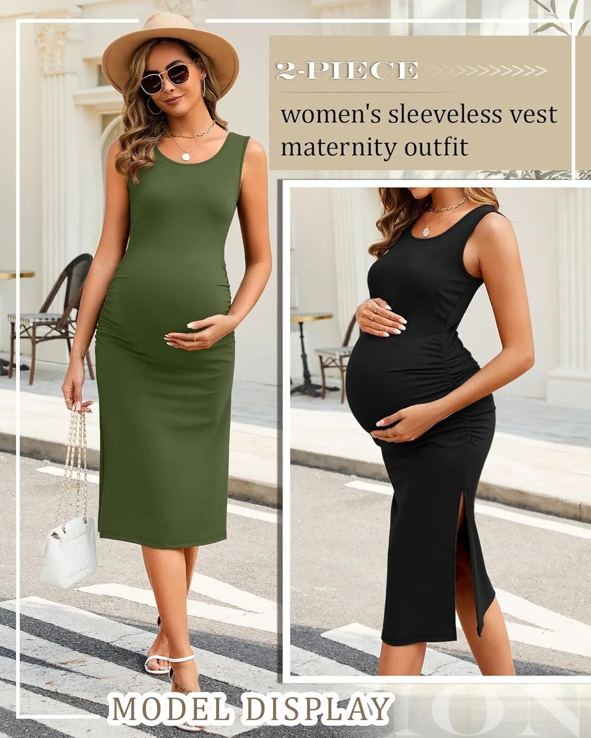 Neer 2 Pack Women's Maternity Dress Casual Sleeveless Tank Cotton Knit Pregnancy Clothes Split Long Tight Bodycon Midi Dress
