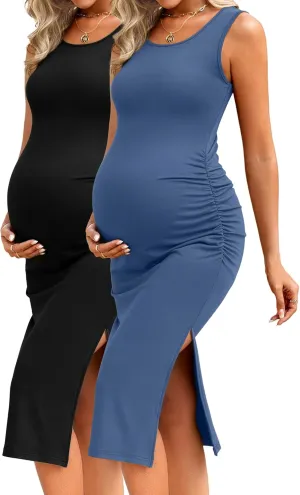 Neer 2 Pack Women's Maternity Dress Casual Sleeveless Tank Cotton Knit Pregnancy Clothes Split Long Tight Bodycon Midi Dress