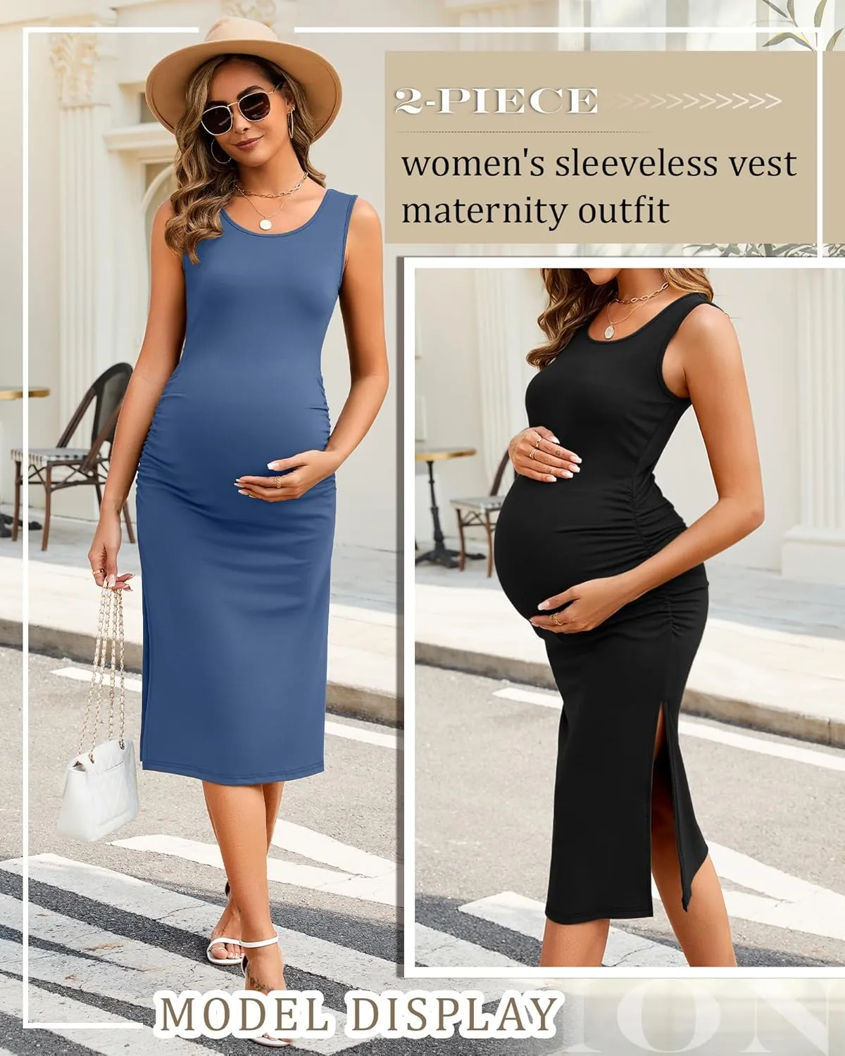 Neer 2 Pack Women's Maternity Dress Casual Sleeveless Tank Cotton Knit Pregnancy Clothes Split Long Tight Bodycon Midi Dress