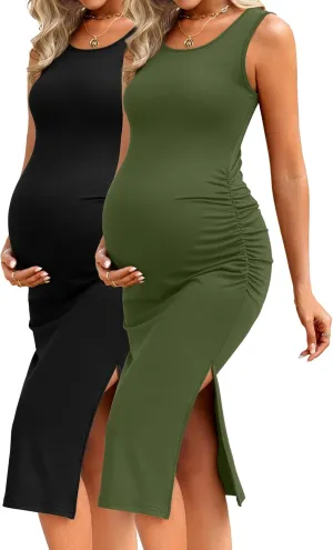Neer 2 Pack Women's Maternity Dress Casual Sleeveless Tank Cotton Knit Pregnancy Clothes Split Long Tight Bodycon Midi Dress