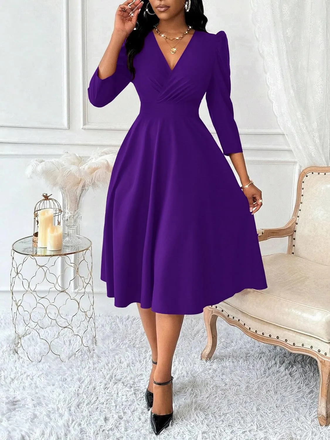 Nmoder Women Casual Midi Semi Formal Fit and Flare 3/4 Sleeve A-line Dress for Church Work Wedding Guest Cocktail Dresses