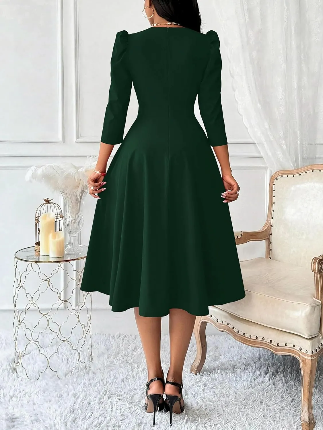 Nmoder Women Casual Midi Semi Formal Fit and Flare 3/4 Sleeve A-line Dress for Church Work Wedding Guest Cocktail Dresses