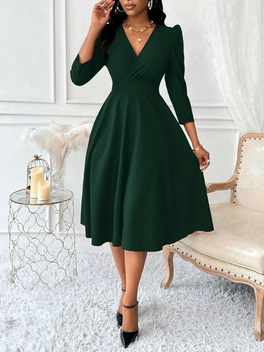 Nmoder Women Casual Midi Semi Formal Fit and Flare 3/4 Sleeve A-line Dress for Church Work Wedding Guest Cocktail Dresses