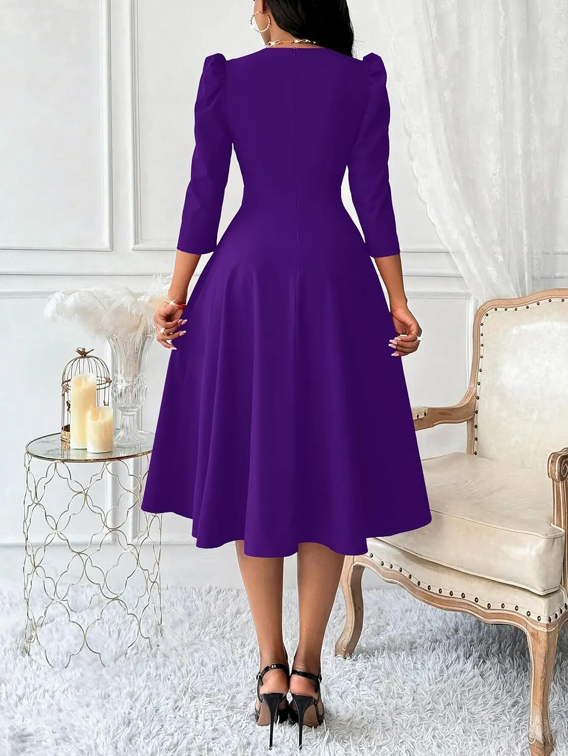 Nmoder Women Casual Midi Semi Formal Fit and Flare 3/4 Sleeve A-line Dress for Church Work Wedding Guest Cocktail Dresses