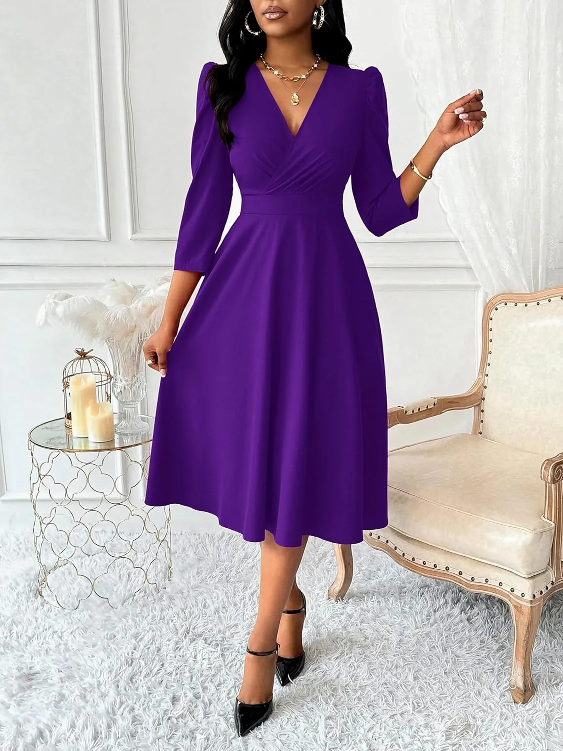 Nmoder Women Casual Midi Semi Formal Fit and Flare 3/4 Sleeve A-line Dress for Church Work Wedding Guest Cocktail Dresses