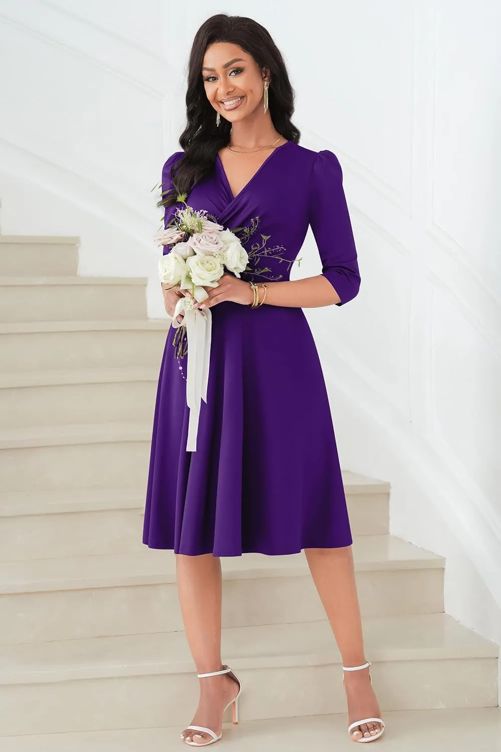 Nmoder Women Casual Midi Semi Formal Fit and Flare 3/4 Sleeve A-line Dress for Church Work Wedding Guest Cocktail Dresses