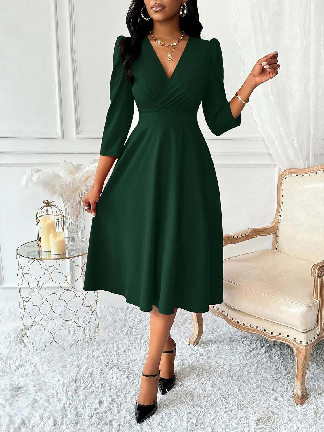 Nmoder Women Casual Midi Semi Formal Fit and Flare 3/4 Sleeve A-line Dress for Church Work Wedding Guest Cocktail Dresses
