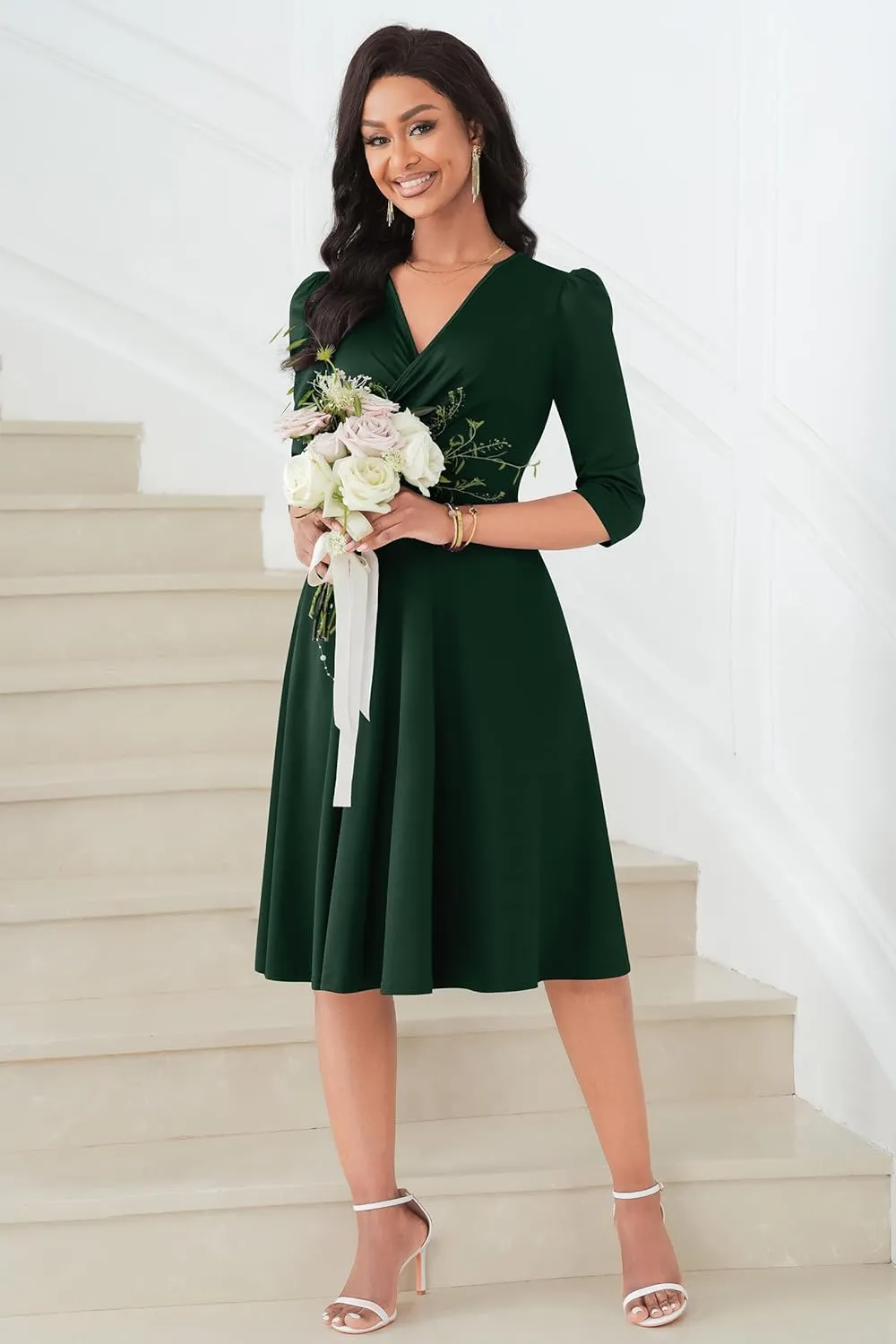 Nmoder Women Casual Midi Semi Formal Fit and Flare 3/4 Sleeve A-line Dress for Church Work Wedding Guest Cocktail Dresses