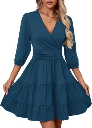 PerZeal Women's Wrap V Neck 3/4 Sleeve Wedding Guest Dress Elastic Waist Tiered Belted Ruffle Hem Mini Dress
