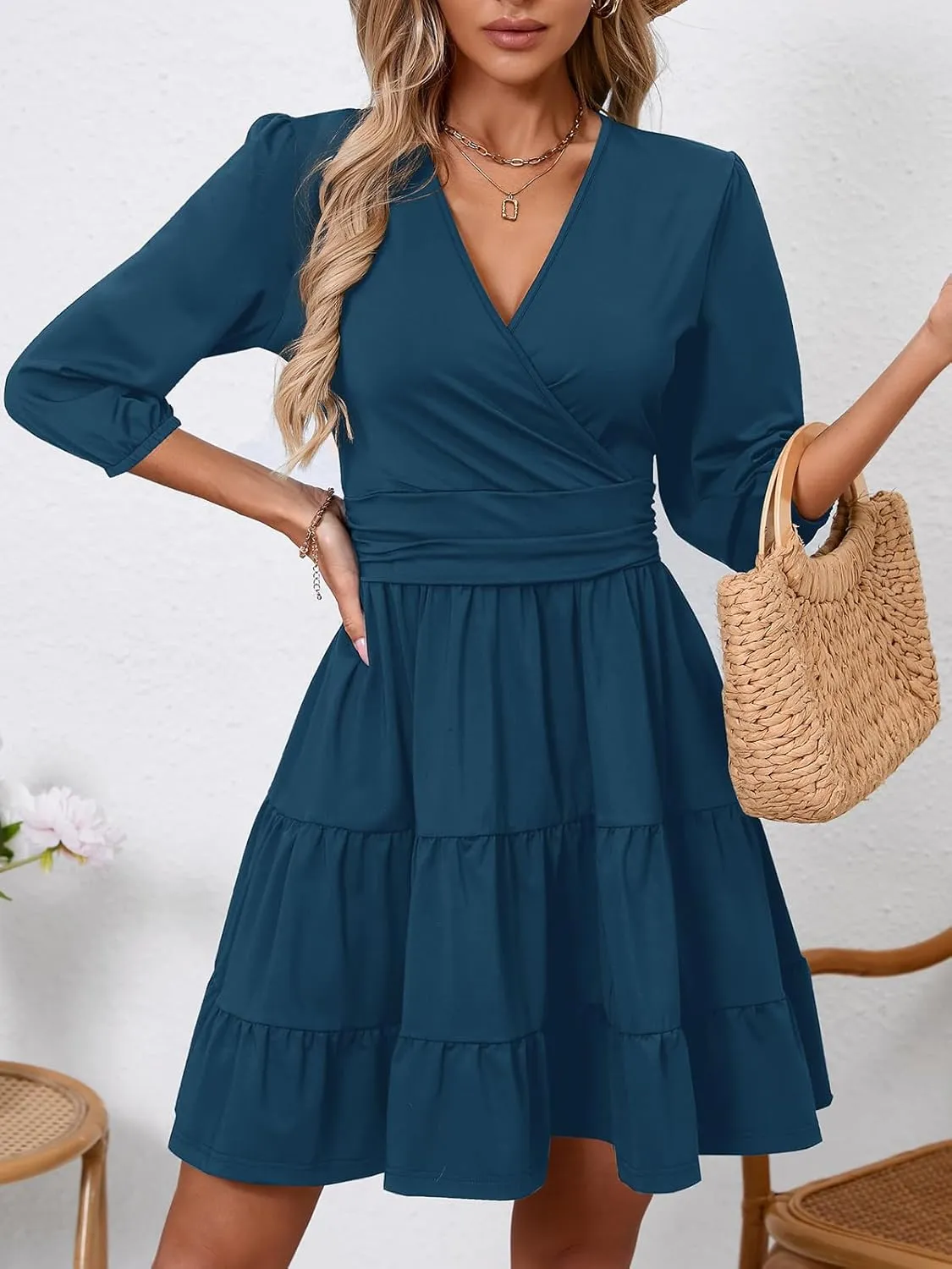 PerZeal Women's Wrap V Neck 3/4 Sleeve Wedding Guest Dress Elastic Waist Tiered Belted Ruffle Hem Mini Dress