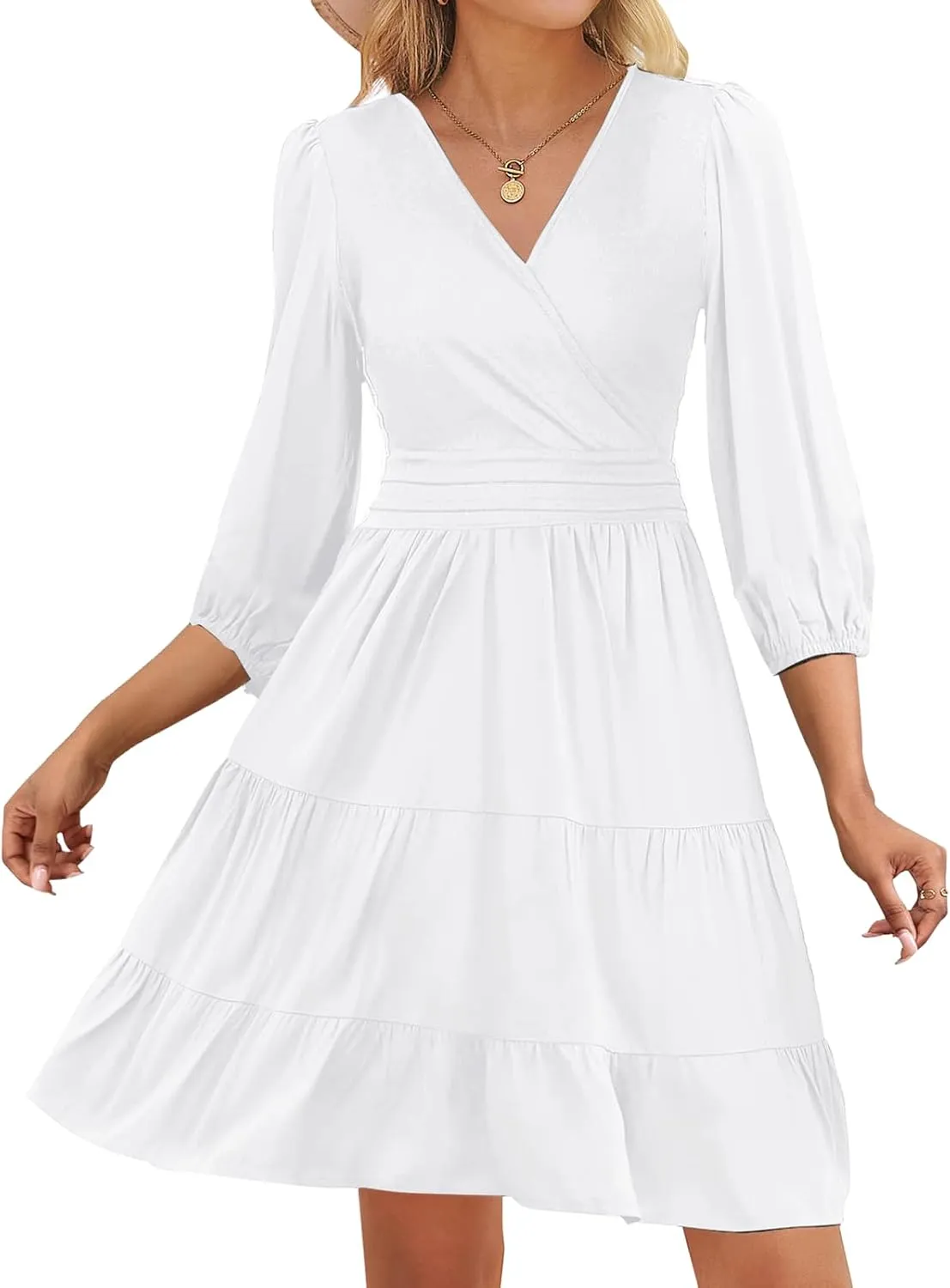 PerZeal Women's Wrap V Neck 3/4 Sleeve Wedding Guest Dress Elastic Waist Tiered Belted Ruffle Hem Mini Dress