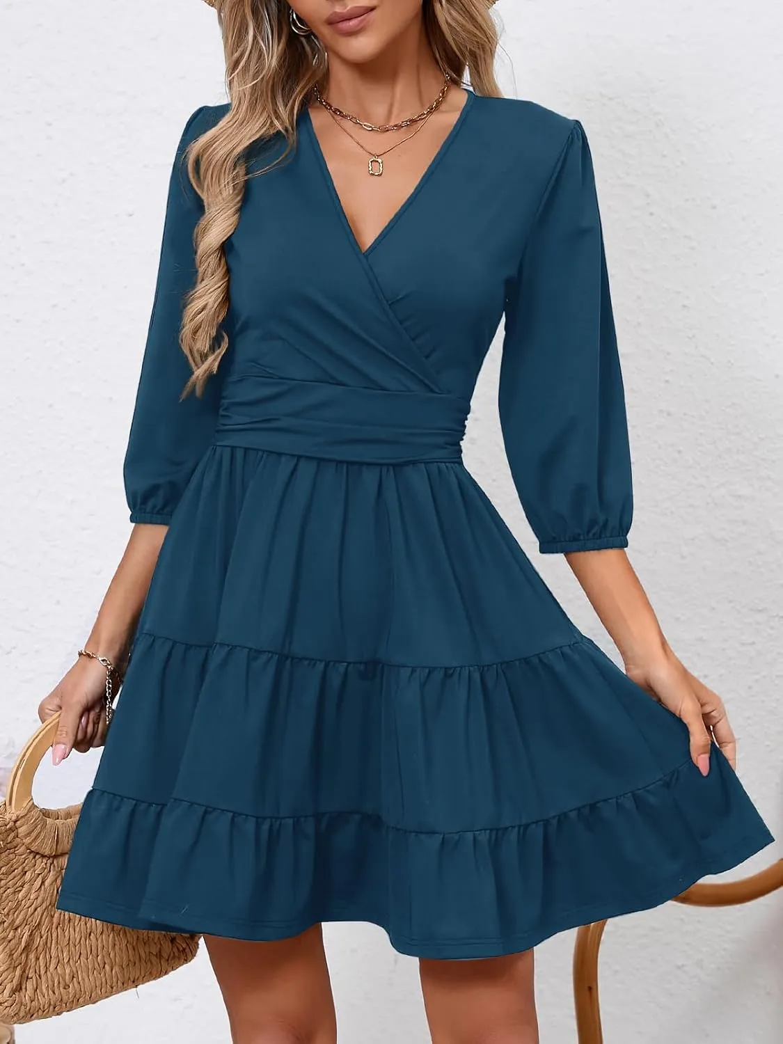 PerZeal Women's Wrap V Neck 3/4 Sleeve Wedding Guest Dress Elastic Waist Tiered Belted Ruffle Hem Mini Dress