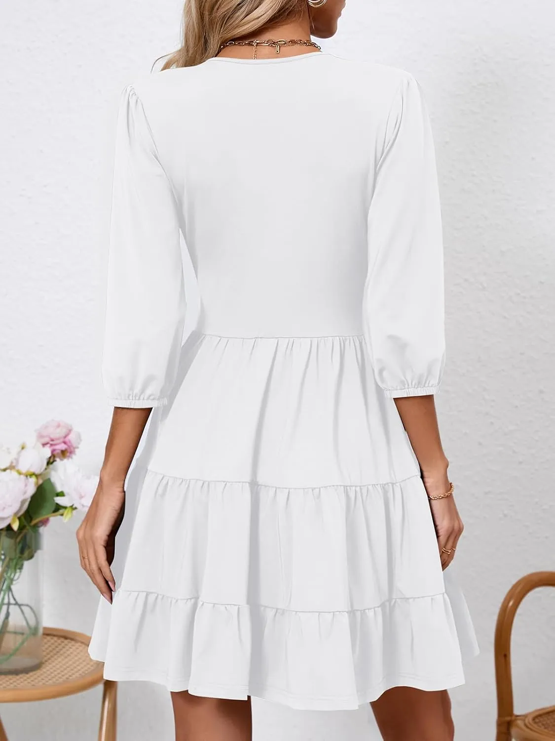 PerZeal Women's Wrap V Neck 3/4 Sleeve Wedding Guest Dress Elastic Waist Tiered Belted Ruffle Hem Mini Dress