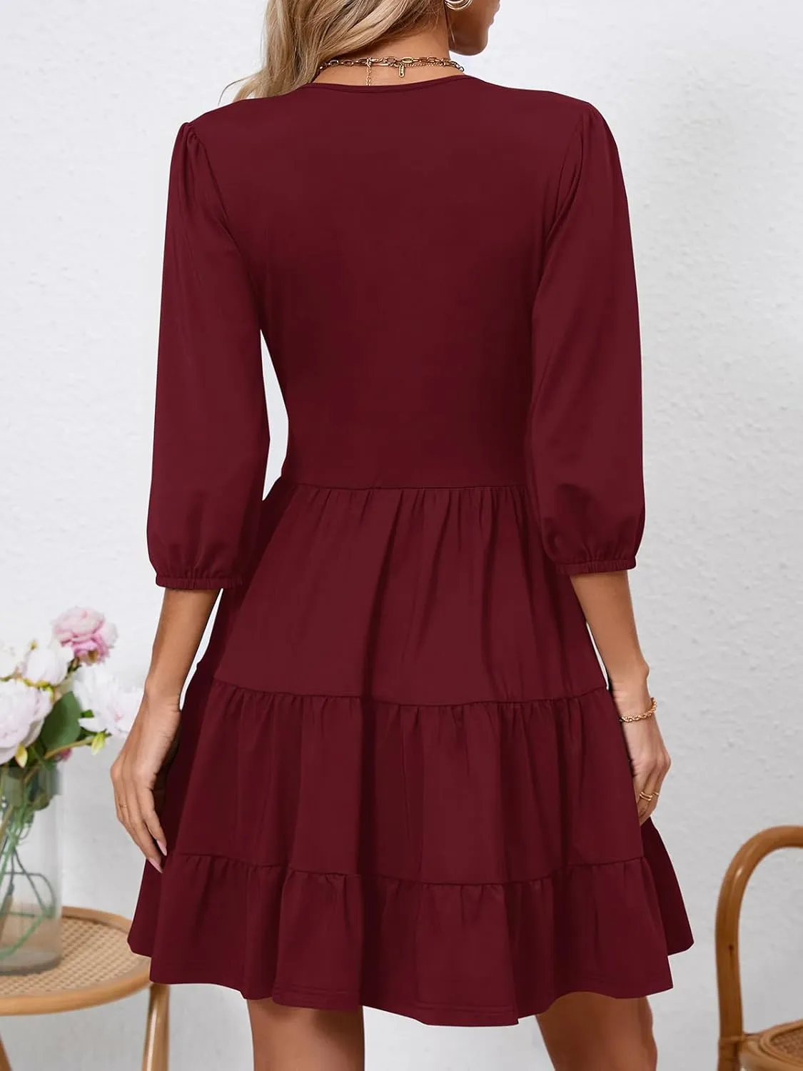 PerZeal Women's Wrap V Neck 3/4 Sleeve Wedding Guest Dress Elastic Waist Tiered Belted Ruffle Hem Mini Dress