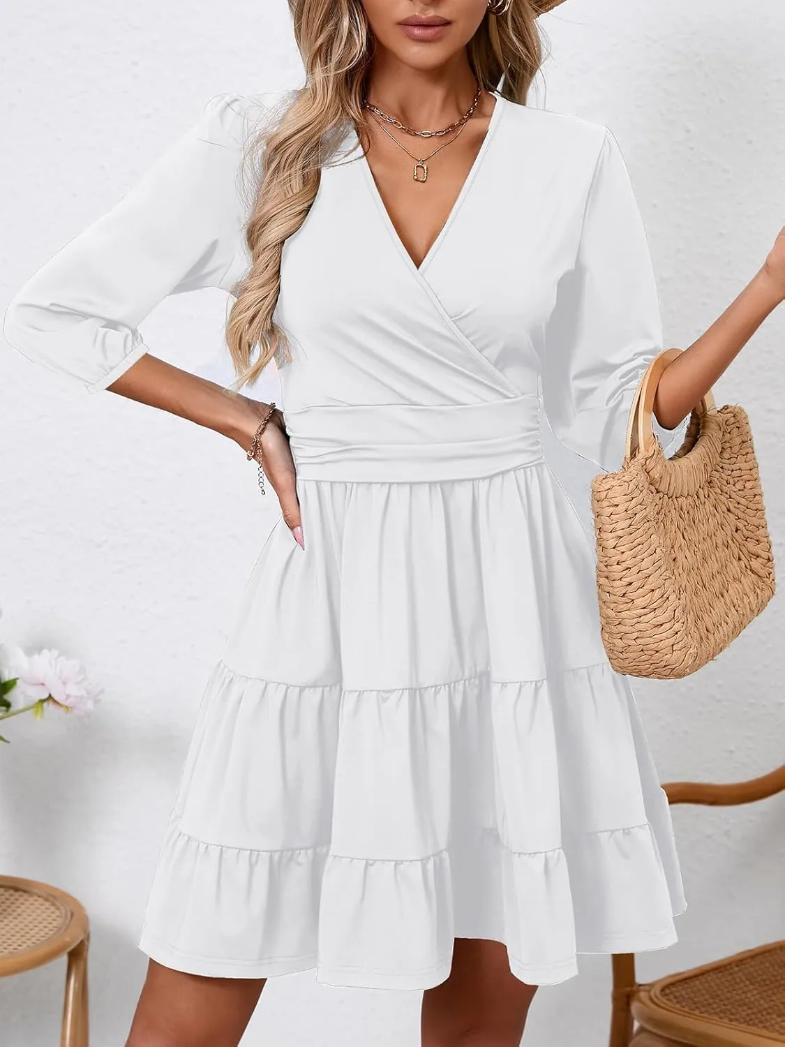 PerZeal Women's Wrap V Neck 3/4 Sleeve Wedding Guest Dress Elastic Waist Tiered Belted Ruffle Hem Mini Dress