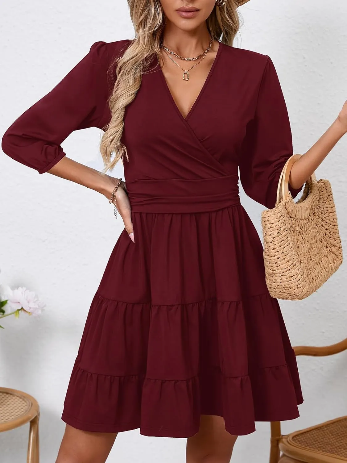 PerZeal Women's Wrap V Neck 3/4 Sleeve Wedding Guest Dress Elastic Waist Tiered Belted Ruffle Hem Mini Dress