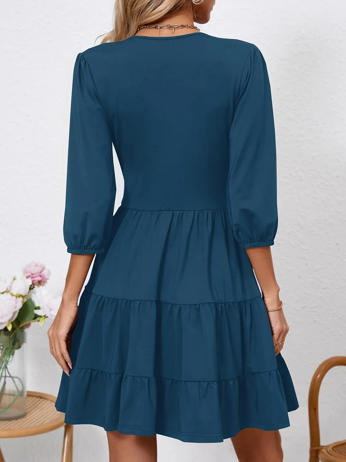 PerZeal Women's Wrap V Neck 3/4 Sleeve Wedding Guest Dress Elastic Waist Tiered Belted Ruffle Hem Mini Dress