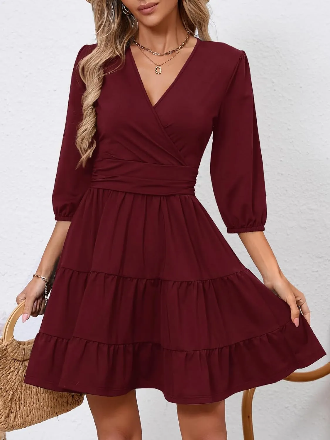 PerZeal Women's Wrap V Neck 3/4 Sleeve Wedding Guest Dress Elastic Waist Tiered Belted Ruffle Hem Mini Dress
