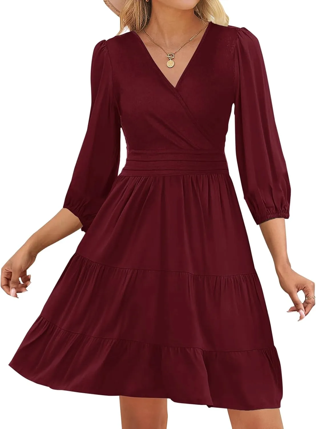 PerZeal Women's Wrap V Neck 3/4 Sleeve Wedding Guest Dress Elastic Waist Tiered Belted Ruffle Hem Mini Dress