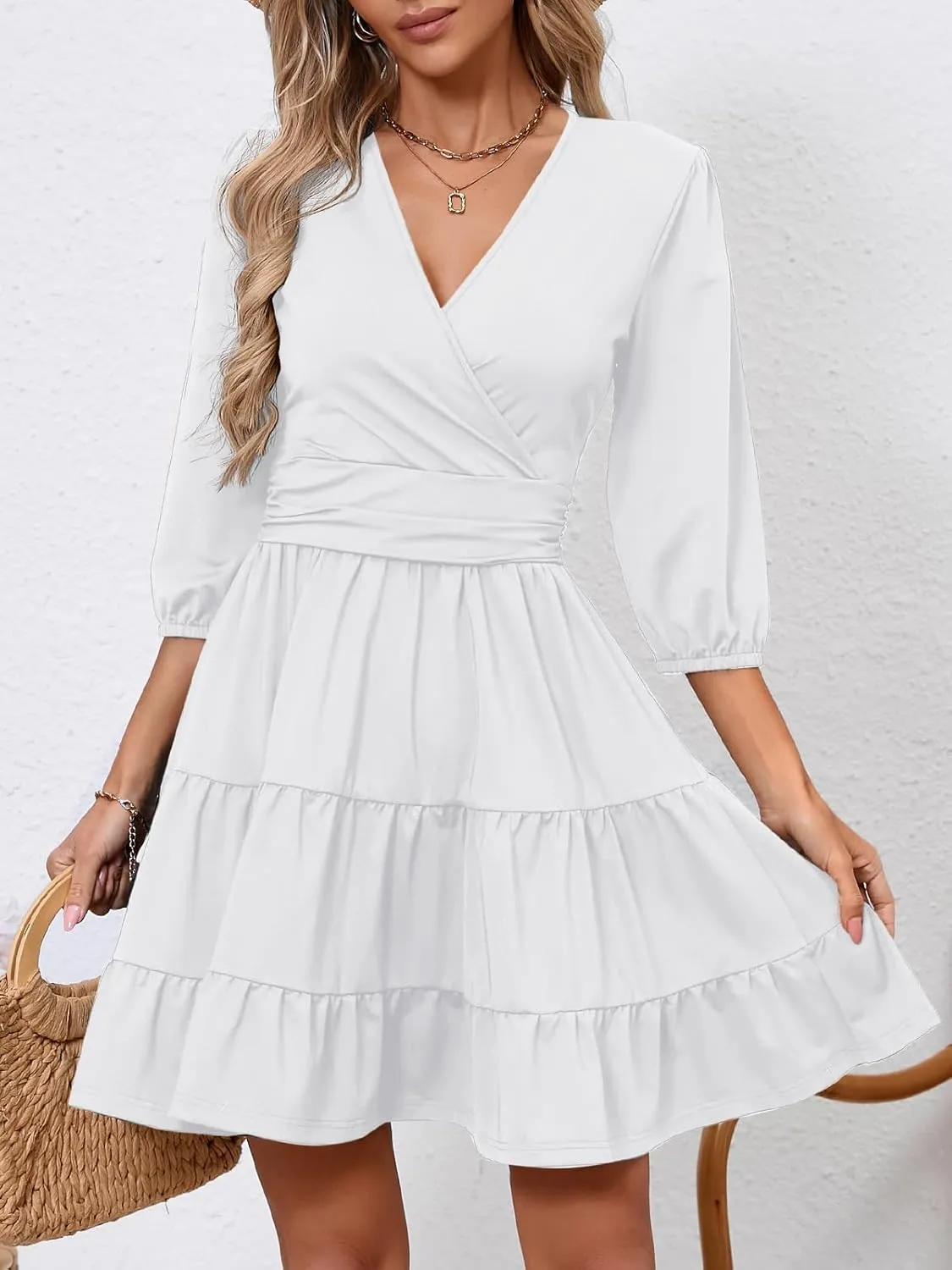 PerZeal Women's Wrap V Neck 3/4 Sleeve Wedding Guest Dress Elastic Waist Tiered Belted Ruffle Hem Mini Dress