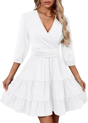 PerZeal Women's Wrap V Neck 3/4 Sleeve Wedding Guest Dress Elastic Waist Tiered Belted Ruffle Hem Mini Dress