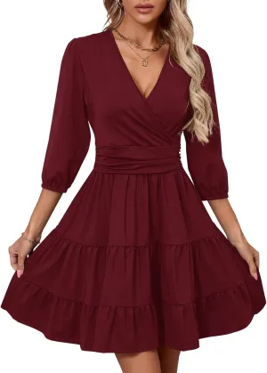 PerZeal Women's Wrap V Neck 3/4 Sleeve Wedding Guest Dress Elastic Waist Tiered Belted Ruffle Hem Mini Dress