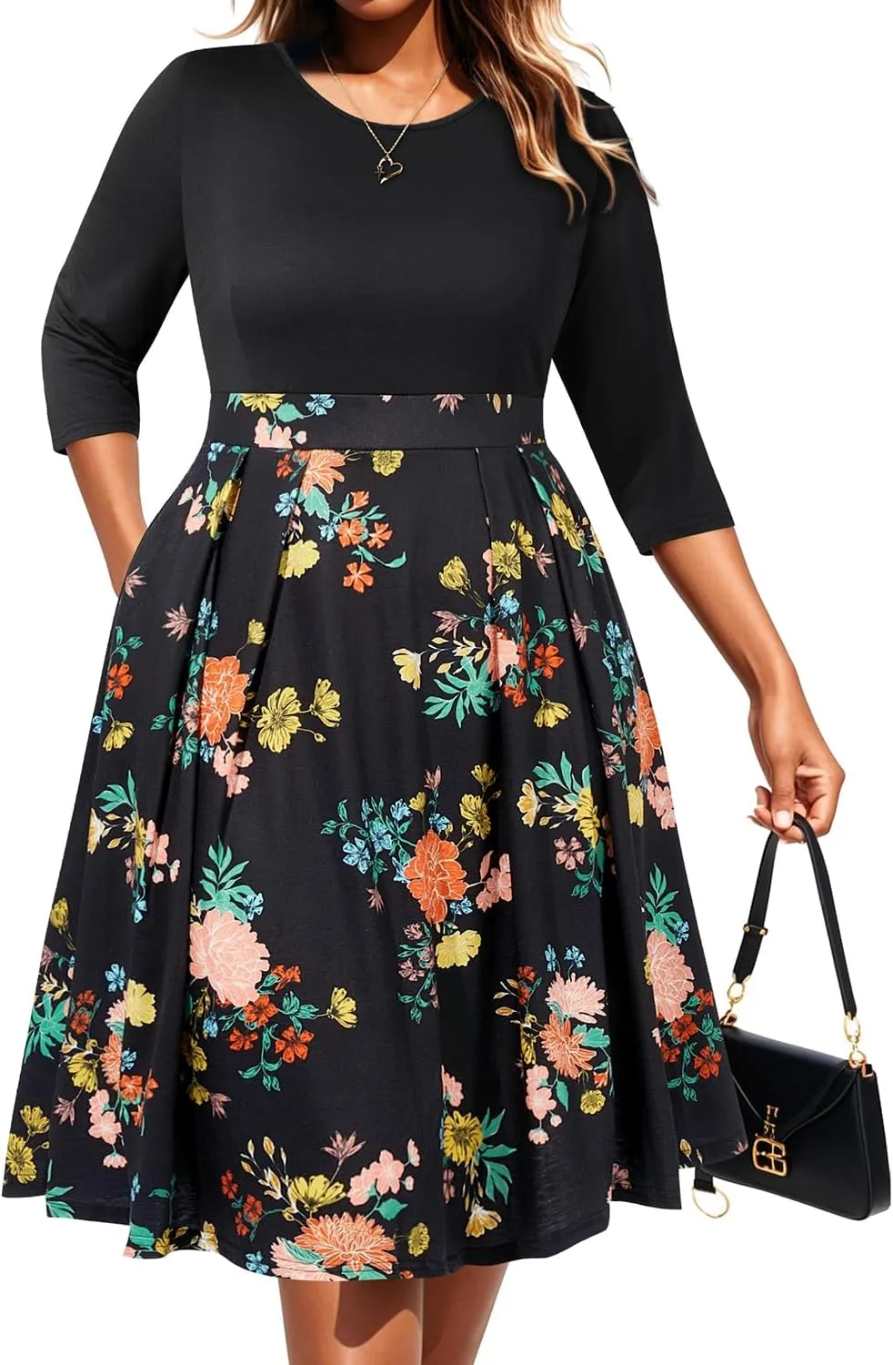 Pinup Fashion Plus Size Work Dresses - Fall Church Office Semi Formal Fit and Flare Midi Dress with Pockets