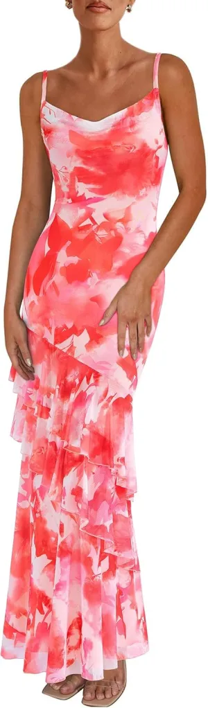 PRETTYGARDEN Maxi Dresses for Women 2025 Summer Tiered Floral Beach Sundress Spaghetti Strap Wedding Guest Long Dress