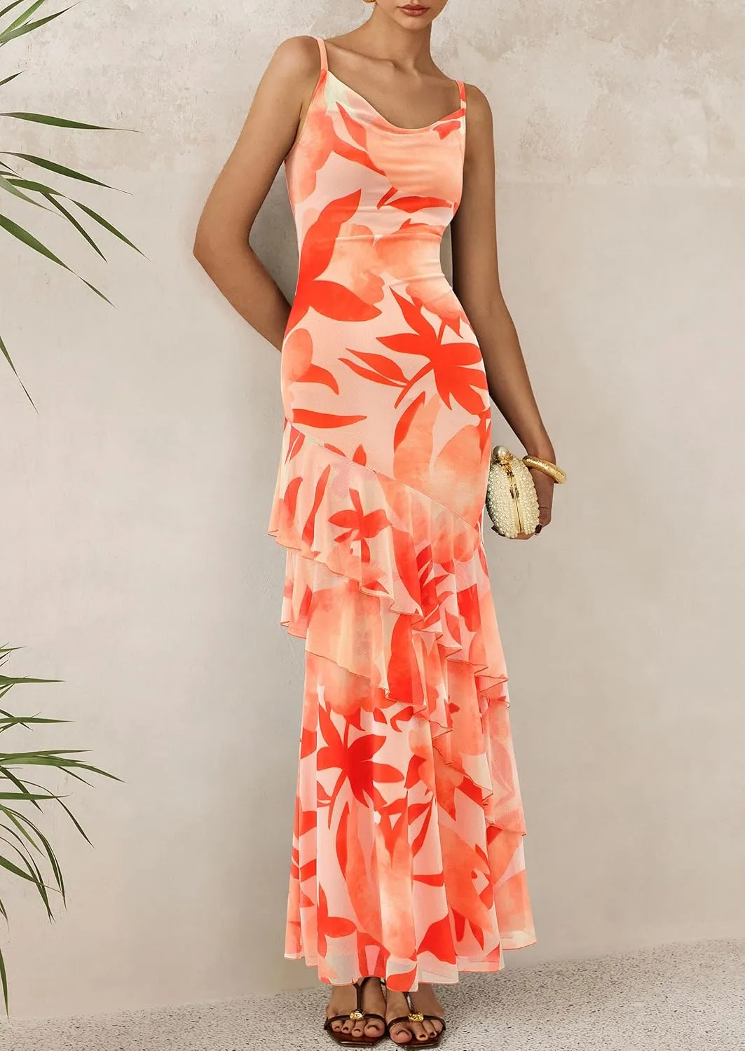 PRETTYGARDEN Maxi Dresses for Women 2025 Summer Tiered Floral Beach Sundress Spaghetti Strap Wedding Guest Long Dress
