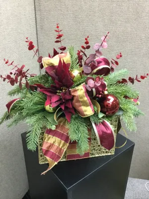 "Burgundy and Gold Eucalyptus Christmas" Lighted Christmas Holiday Box