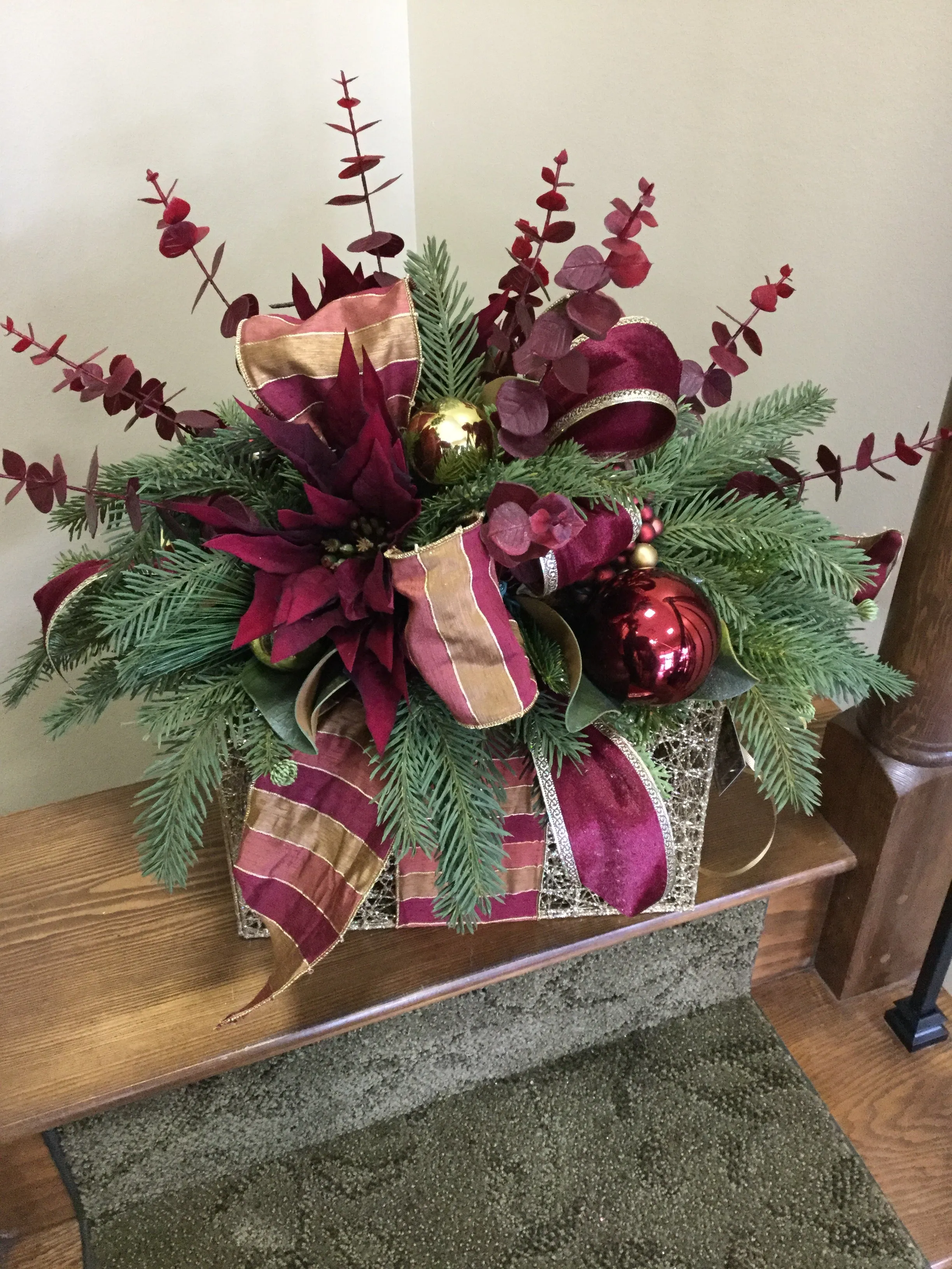 "Burgundy and Gold Eucalyptus Christmas" Lighted Christmas Holiday Box