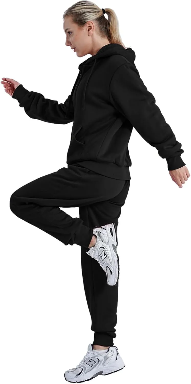 Sherpa Zipper Womens Sweatsuits Active Jogging Fleece 2 Pieces Hoodie and Pants Winter Outfit Sets