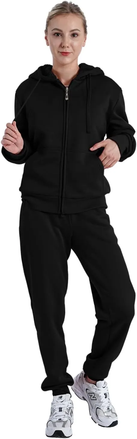 Sherpa Zipper Womens Sweatsuits Active Jogging Fleece 2 Pieces Hoodie and Pants Winter Outfit Sets