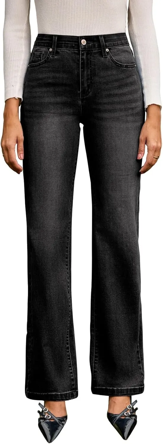Sidefeel Women's Wide Leg Jeans High Waisted Tummy Control Stretchy Straight Leg Elastic Waist Trendy Denim Pants