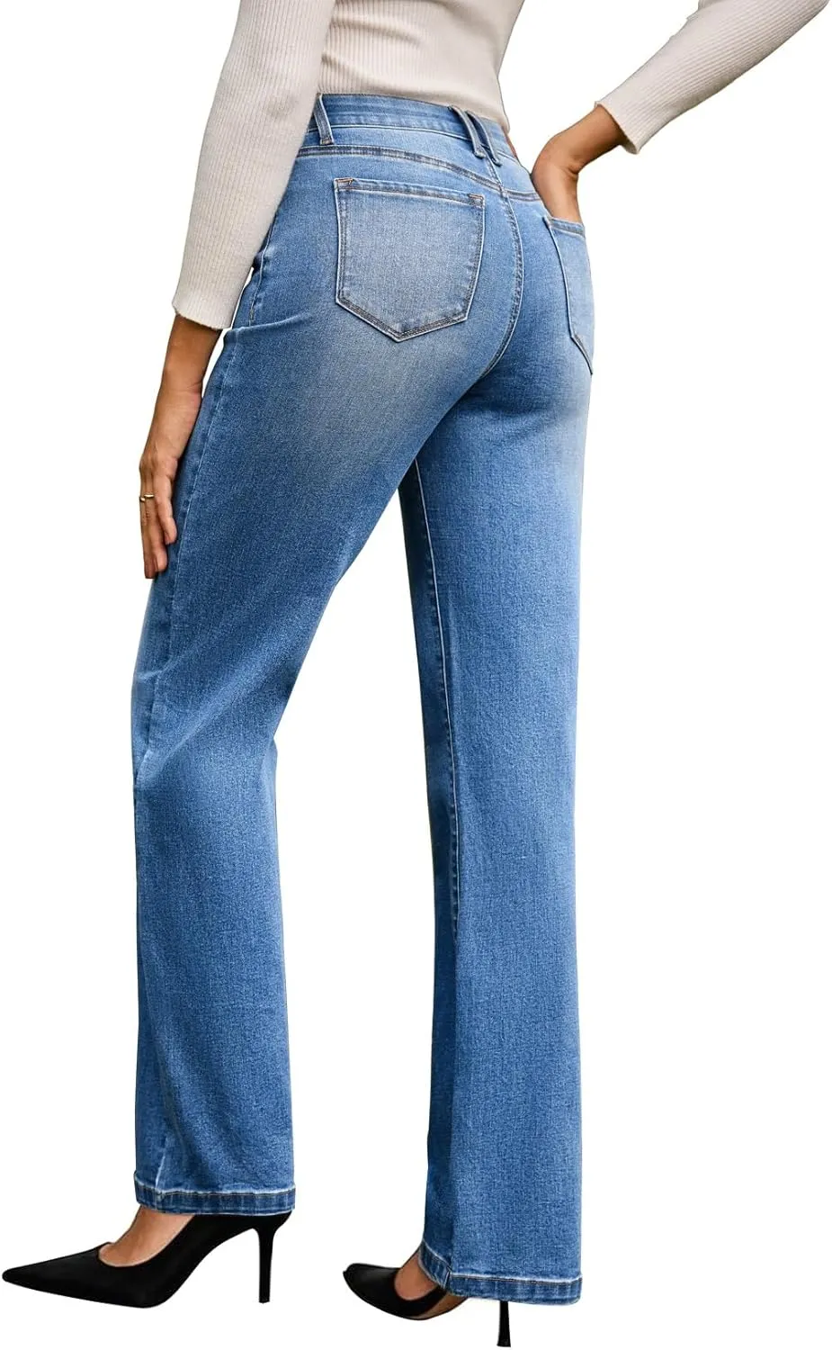 Sidefeel Women's Wide Leg Jeans High Waisted Tummy Control Stretchy Straight Leg Elastic Waist Trendy Denim Pants