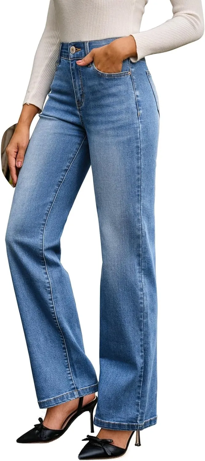 Sidefeel Women's Wide Leg Jeans High Waisted Tummy Control Stretchy Straight Leg Elastic Waist Trendy Denim Pants