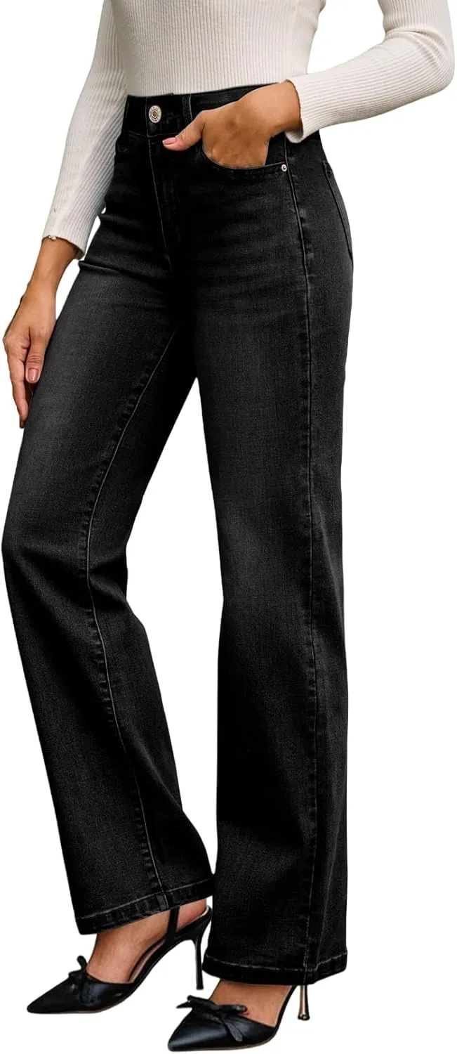 Sidefeel Women's Wide Leg Jeans High Waisted Tummy Control Stretchy Straight Leg Elastic Waist Trendy Denim Pants