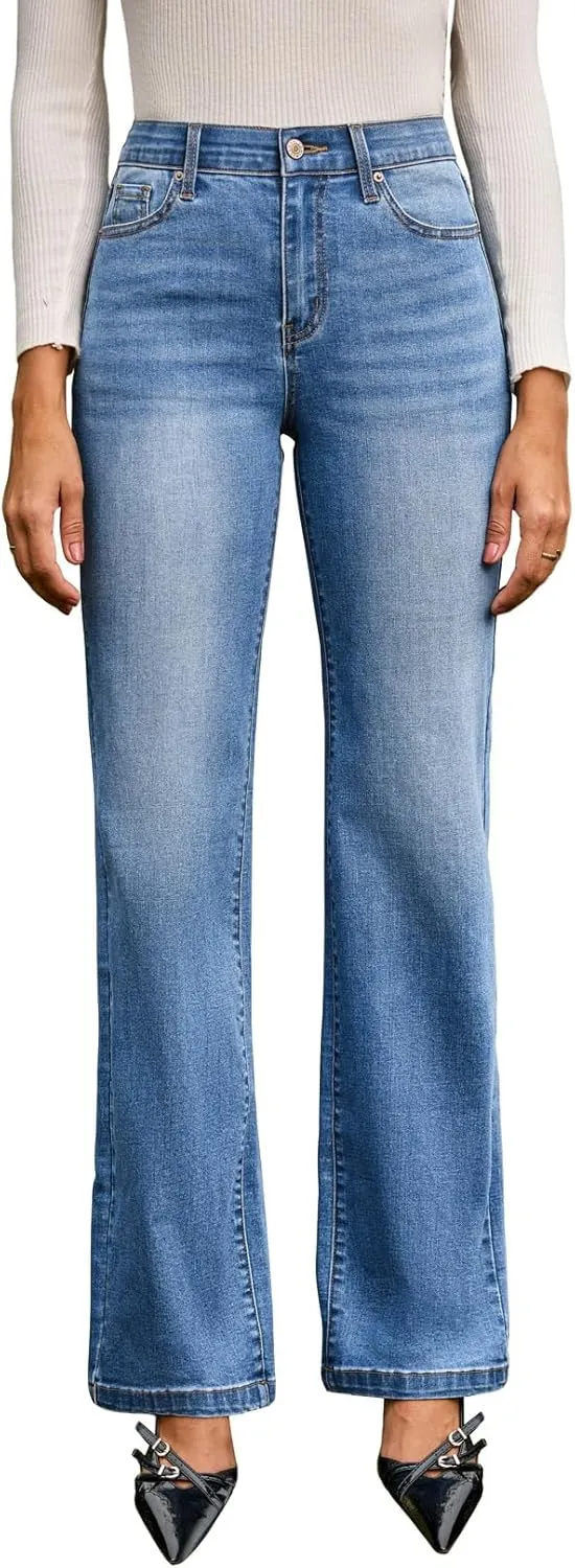 Sidefeel Women's Wide Leg Jeans High Waisted Tummy Control Stretchy Straight Leg Elastic Waist Trendy Denim Pants