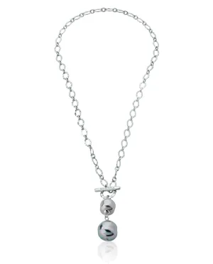 Sterling Silver Rhodium Plated Short Chained Necklace for Women with Baroque Grey and Nuage Pearls, 12/16mm Pearls, 18.9" Chain Length, Tender Collection