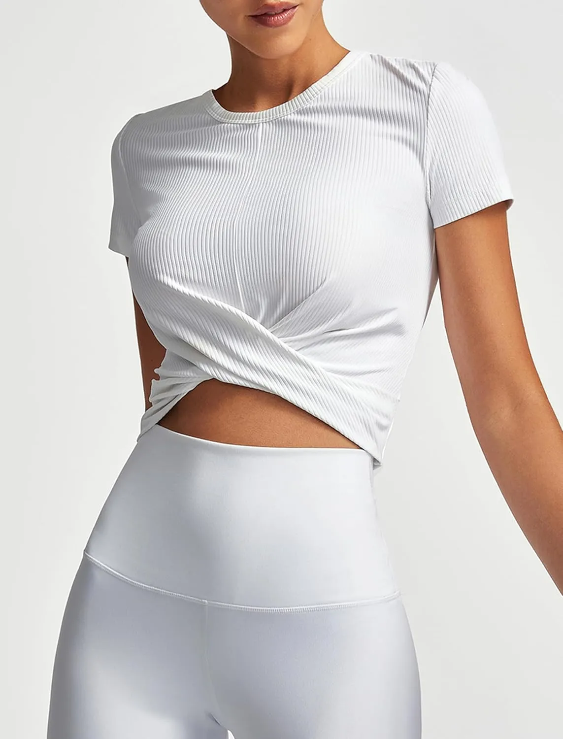 Summer Crop Tops for Women Ribbed Solid Short Sleeve Twist Front Tee T-Shirt