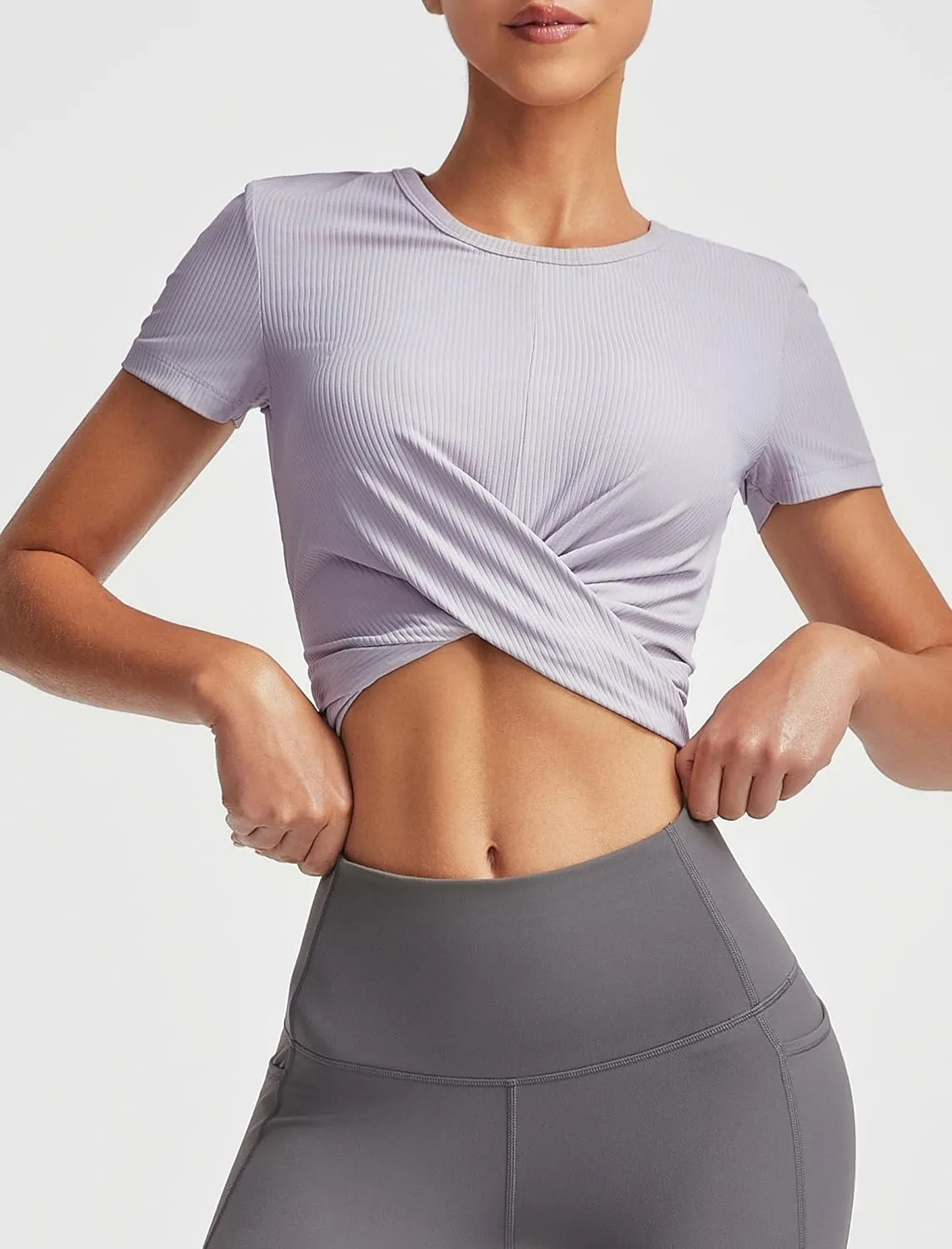 Summer Crop Tops for Women Ribbed Solid Short Sleeve Twist Front Tee T-Shirt