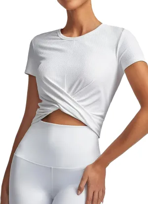 Summer Crop Tops for Women Ribbed Solid Short Sleeve Twist Front Tee T-Shirt