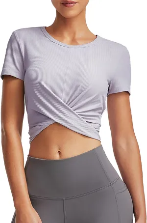 Summer Crop Tops for Women Ribbed Solid Short Sleeve Twist Front Tee T-Shirt