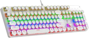Typewriter Mechanical Gaming Keyboard with Rainbow Light Backlit Red Switches, 104 Keys Retro Round Keycap, Wired Typewriter Style Comfortable Typing Soud (White LED)